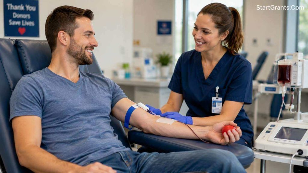 A volunteer safely donating blood with the help of a smiling phlebotomist in a clinic.