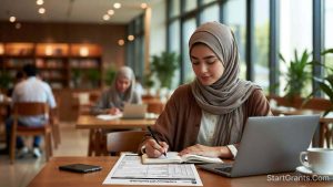 A Muslim college student in Ohio reviewing an interest-free community grant application to fund their degree without relying on federal loans.