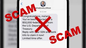 A graphic image showing a fake social media message promising a free grant, overlaid with a large red "SCAM ALERT" warning stamp.