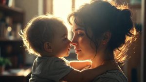 A diverse single mother hugging her young child warmly, looking out a window towards a sunrise, symbolizing hope and resilience.