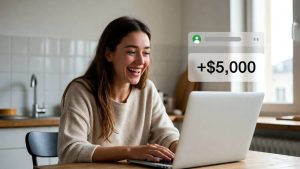 A single mother sitting at a kitchen table looking relieved and happy while viewing a large tax refund deposit on her laptop screen.