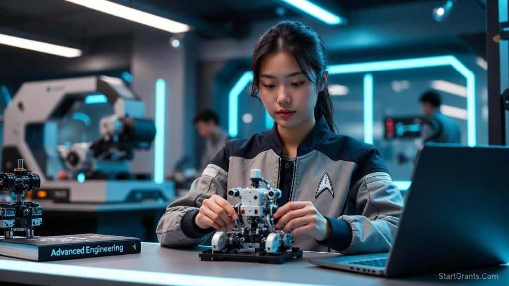 An engineering student wearing a Starfleet pin works on a robotics project for an SFI scholarship application.