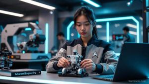 An engineering student wearing a Starfleet pin works on a robotics project for an SFI scholarship application.