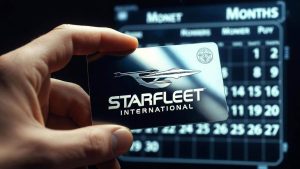 A STARFLEET International membership card displaying the minimum one-year duration requirement for scholarship applicants.