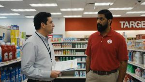 Teacher submitting a local store grant proposal to a Target Store Director
