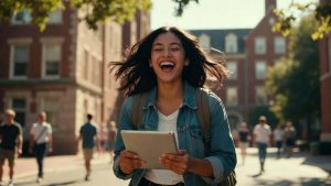 A joyful young Latina college student walking across a sunny university campus with a tablet
