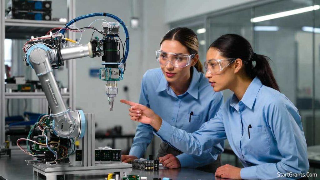 Two focused Latina engineering students working on a robotic arm in a university STEM lab