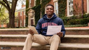 A proud African American male college student reviewing his scholarship acceptance letter on the campus of a Historically Black College and University (HBCU).
