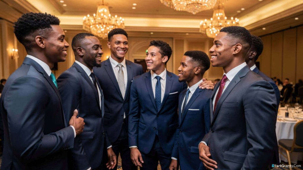 A group of African American male college students in professional attire networking at a scholarship gala hosted by a historic Black fraternity.