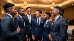 A group of African American male college students in professional attire networking at a scholarship gala hosted by a historic Black fraternity.