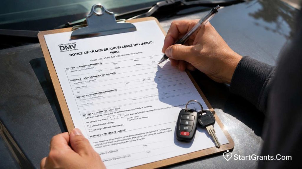 A person filling out the California DMV Release of Liability form for a car donation.