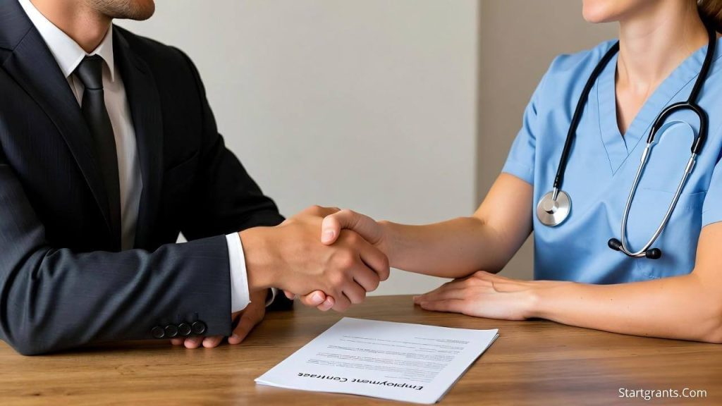 A nursing assistant shaking hands with a hospital HR manager over an employment contract