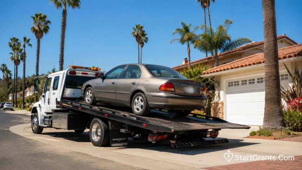 A tow truck picking up a donated car in a sunny California neighborhood.