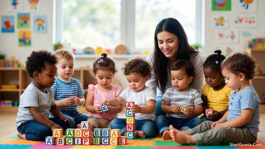 A diverse group of happy preschool children playing with educational blocks in a federally funded Head Start program classroom.