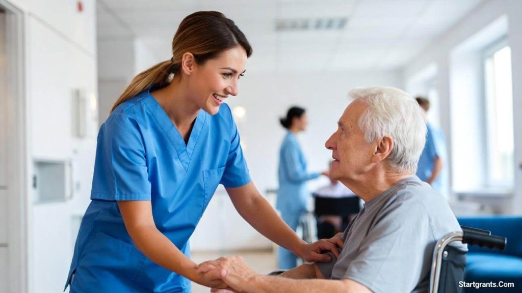 A smiling certified nursing assistant (CNA) in blue scrubs helping an elderly patient in a healthcare facility
