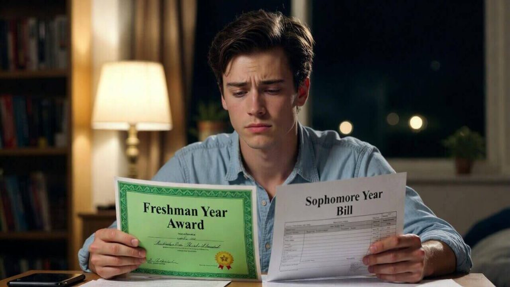 A stressed college sophomore reviewing their second-year financial aid package, realizing that many of their freshman scholarships were non-renewable.
