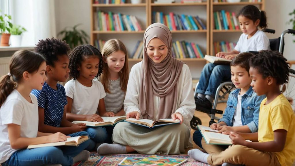 Muslim teacher reading diverse inclusive books to students funded by cultural awareness grants.