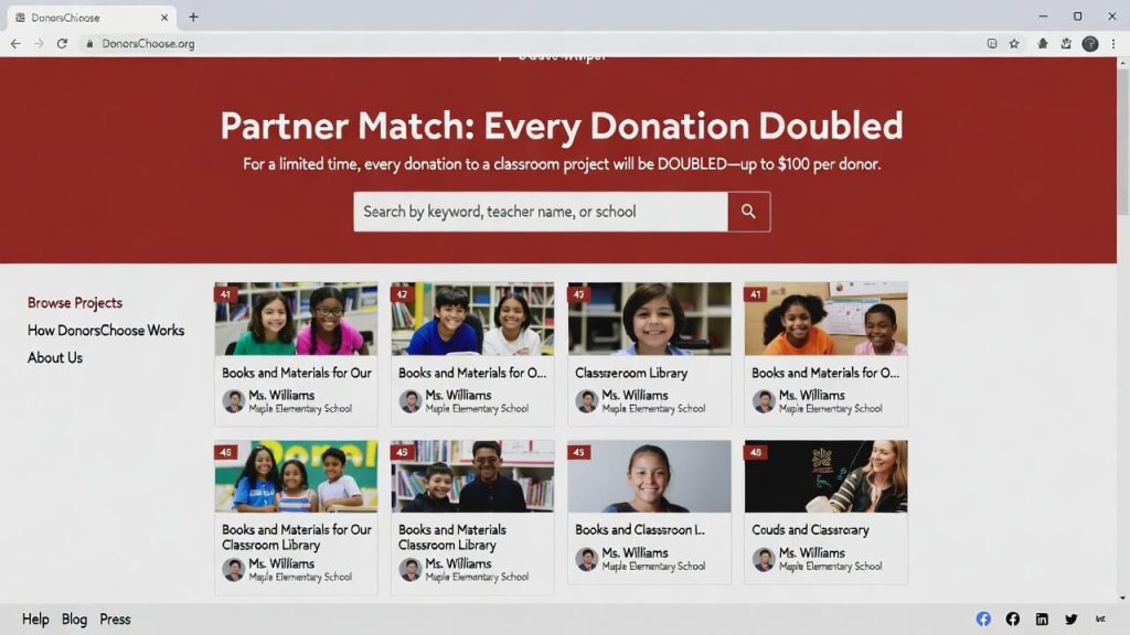 DonorsChoose project page showing a partner match offer doubling donations for teachers.