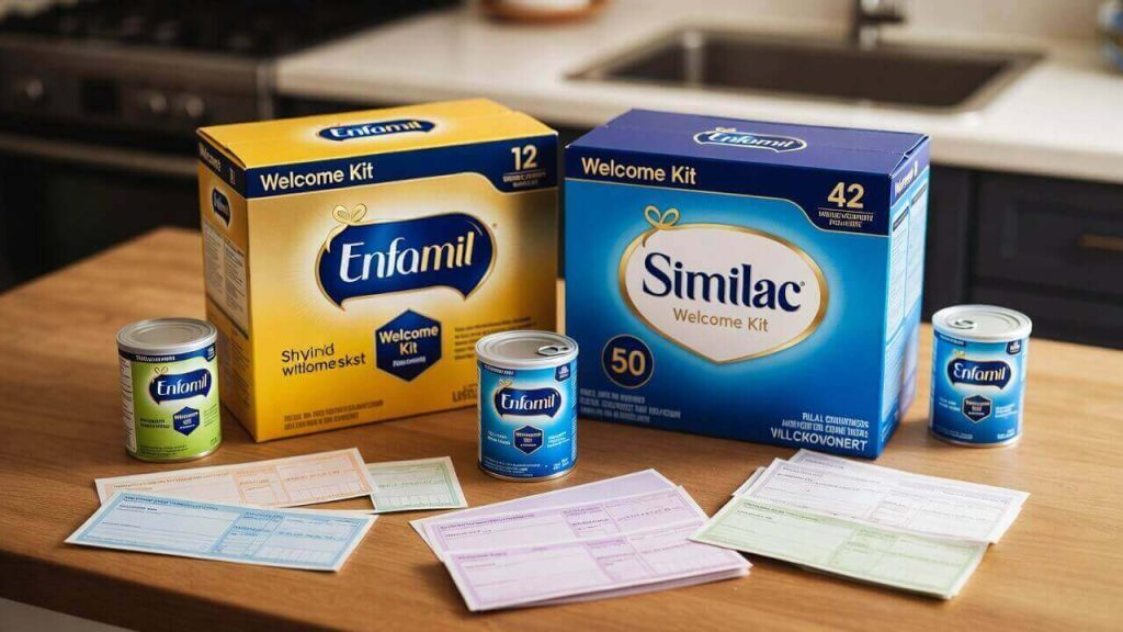 A collection of free full-size baby formula sample cans and high-value coupons received in the mail from Enfamil and Similac.