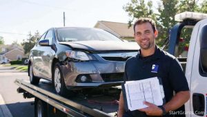 A tow truck picking up a donated car from a driveway to support Goodwill's employment programs.