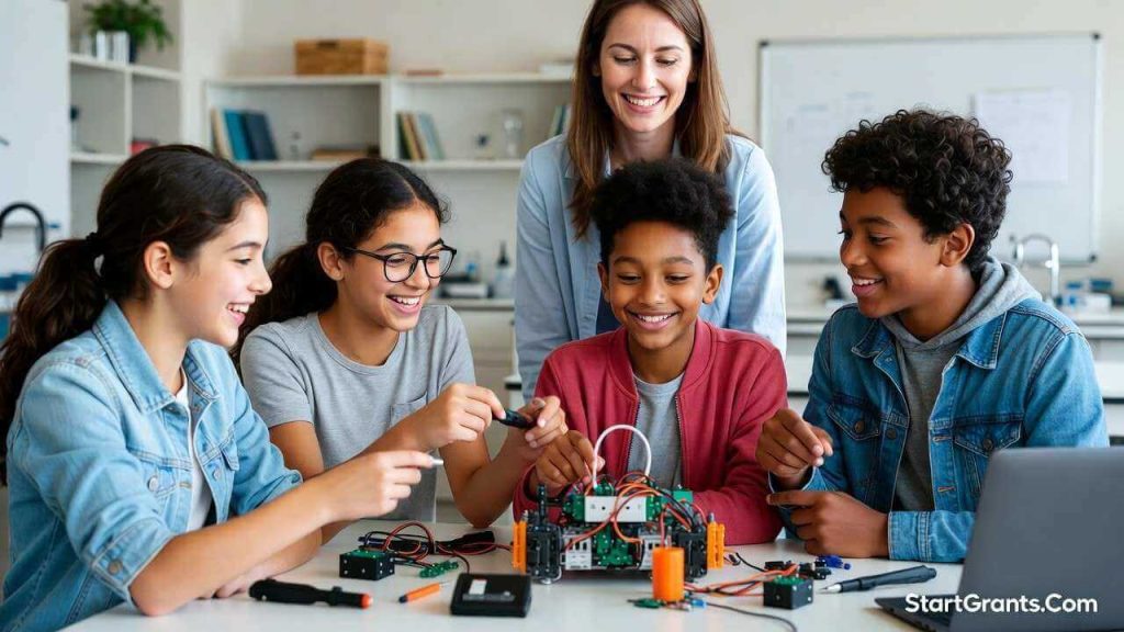A diverse group of middle school students building a robot in a grant-funded after-school STEM program while being supervised by a teacher.