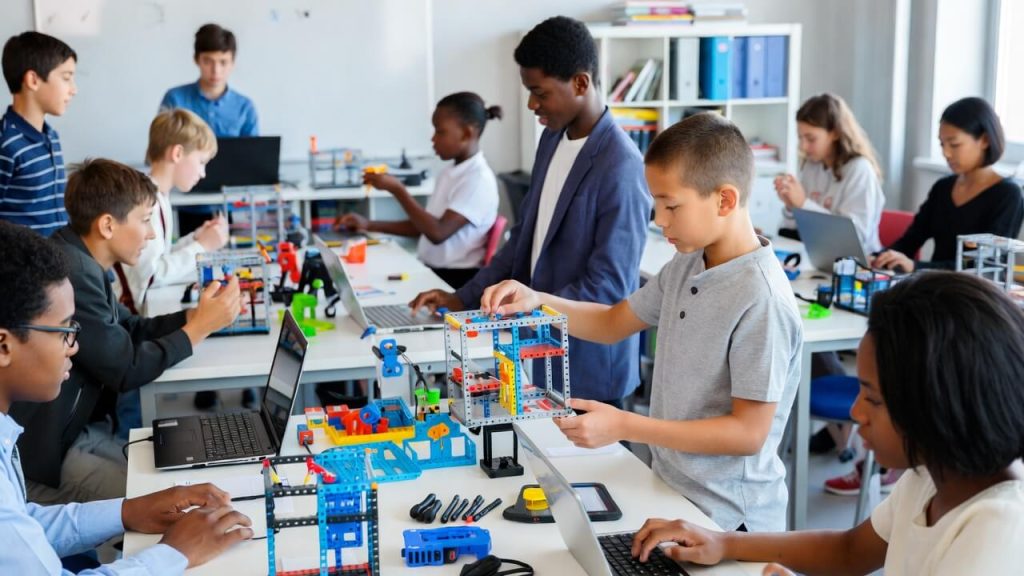 Diverse students using funded classroom supplies and STEM kits in a modern school.