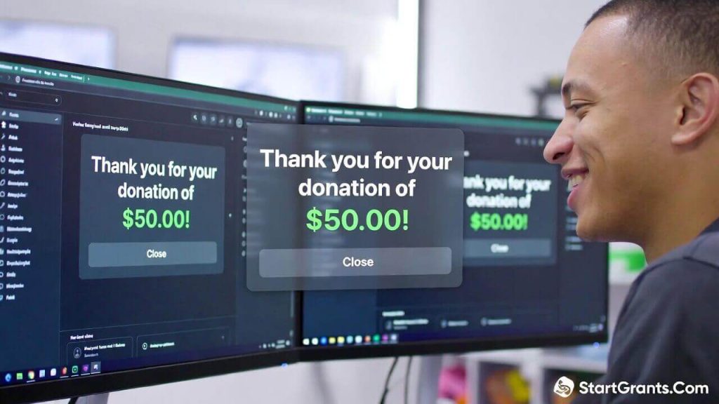 A content creator smiling at their monitor after successfully receiving funds through a correctly setup PayPal donation link.