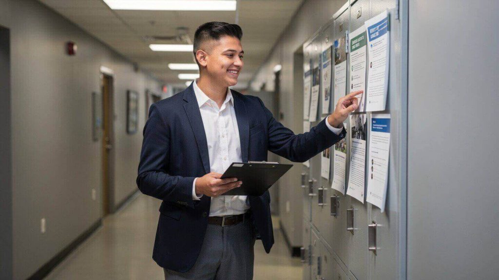 A college sophomore working as a Resident Advisor (RA) in a campus dormitory, a leadership role that effectively acts as a scholarship by covering room and board costs.