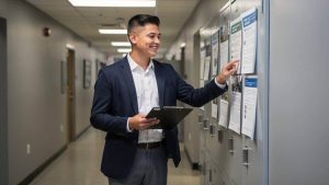 A college sophomore working as a Resident Advisor (RA) in a campus dormitory, a leadership role that effectively acts as a scholarship by covering room and board costs.