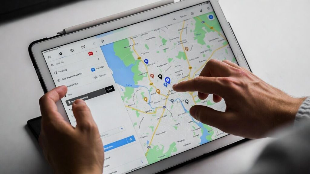 A person's finger pointing at a suburban or rural area on a digital map, searching for open Section 8 waiting lists.
