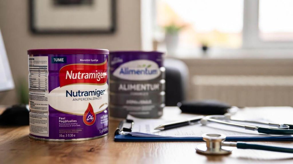 Cans of hypoallergenic formula like Nutramigen or Alimentum next to a doctor's prescription letter.