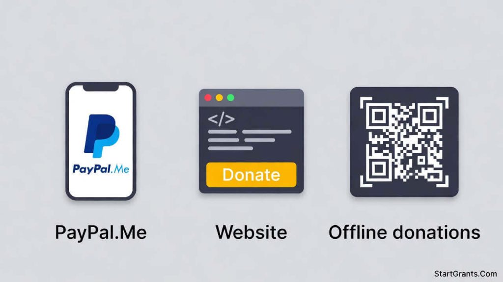 An infographic showing the three types of PayPal donation tools: the PayPal.Me link, the HTML donate button, and the scannable QR code.