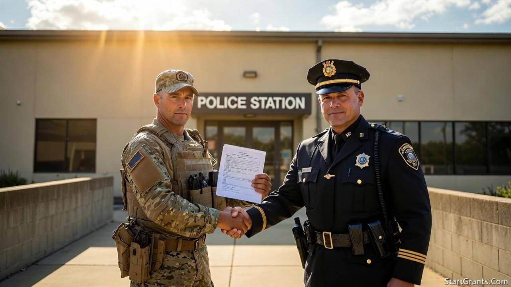 A military veteran shaking hands with a police chief after securing an agency-sponsored police academy contract