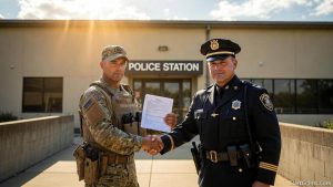 A military veteran shaking hands with a police chief after securing an agency-sponsored police academy contract