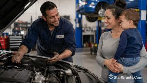 A mechanic explaining car repairs to a relieved single mother at a non-profit garage.