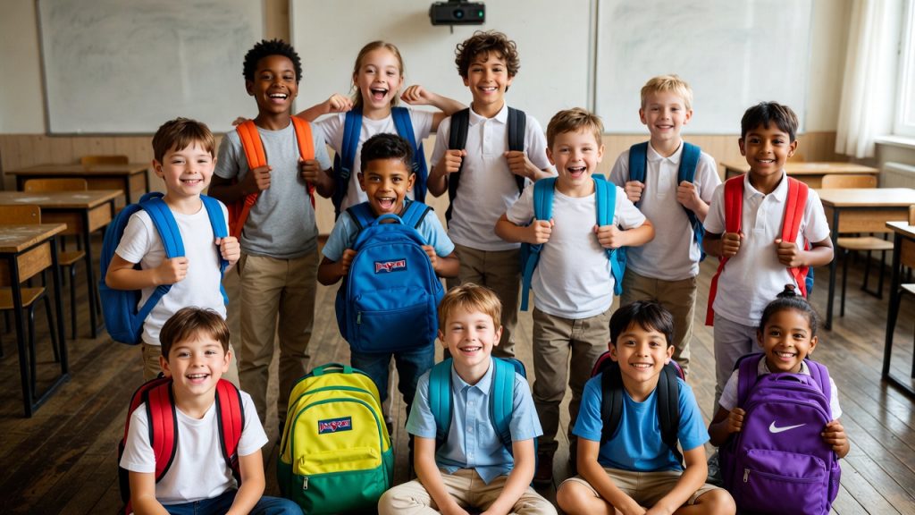 Happy diverse elementary students wearing colorful new backpacks.
