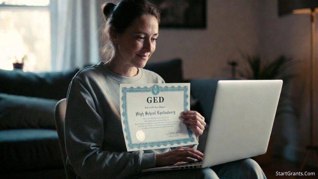 An adult learner proudly holding a GED certificate after completing a state-funded adult basic education program online.