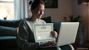 An adult learner proudly holding a GED certificate after completing a state-funded adult basic education program online.