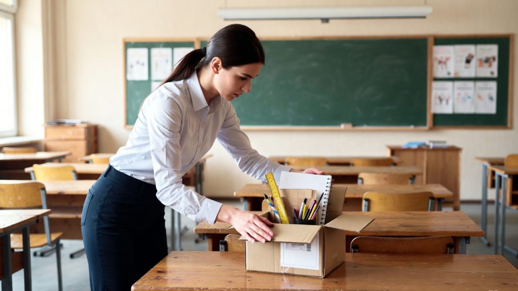 Teacher in classroom opening a box of free school supplies delivered by mail.