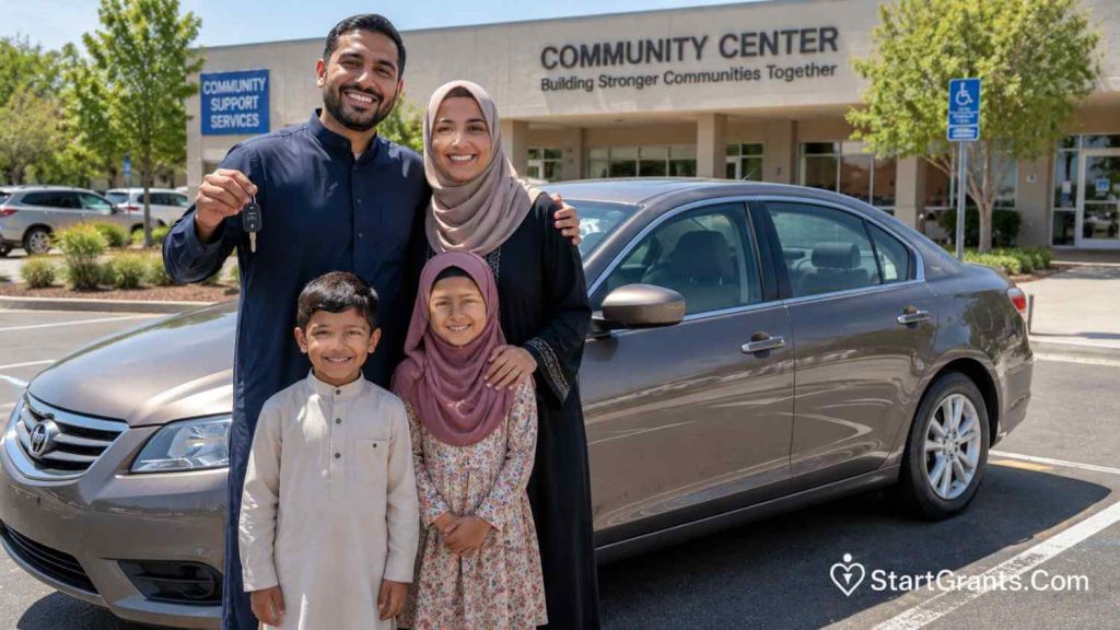 A Muslim family receiving a donated car through an Islamic community Zakat program.