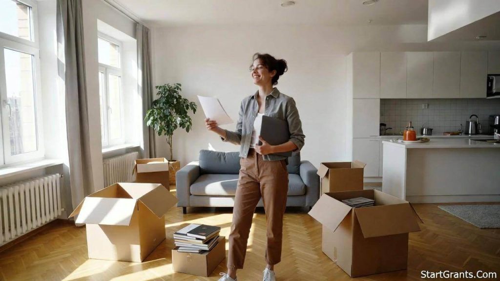 A relieved college student unpacking moving boxes in a new apartment funded by an emergency student financial aid grant.