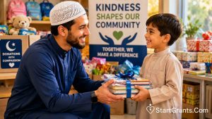 A Muslim adult respectfully giving a new gift to a child, representing Kafalah and Sadaqah.