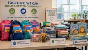Brand new backpacks, school supplies, and clothing prepared as donations for an orphanage.