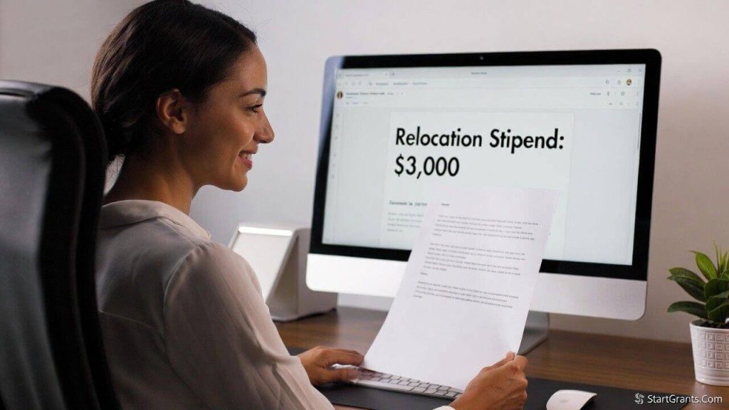 A recent college graduate happily reviewing a job offer letter that includes a lump-sum relocation grant to cover moving expenses.