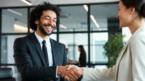 Diverse small business owner shaking hands with SBA lender after loan approval