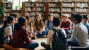 A diverse group of middle school students sitting in a circle participating in a grant-funded Social-Emotional Learning (SEL) group therapy session.