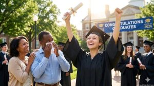 A proud cancer survivor in a graduation gown celebrating their college degree with their family, made possible by medical hardship scholarships.