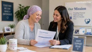 A cancer survivor receiving financial assistance guidance from a charity worker.