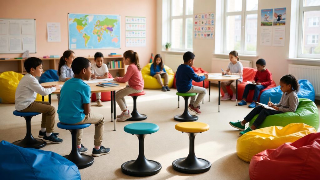 Elementary classroom featuring wobble stools, bean bags, and low tables for flexible seating.