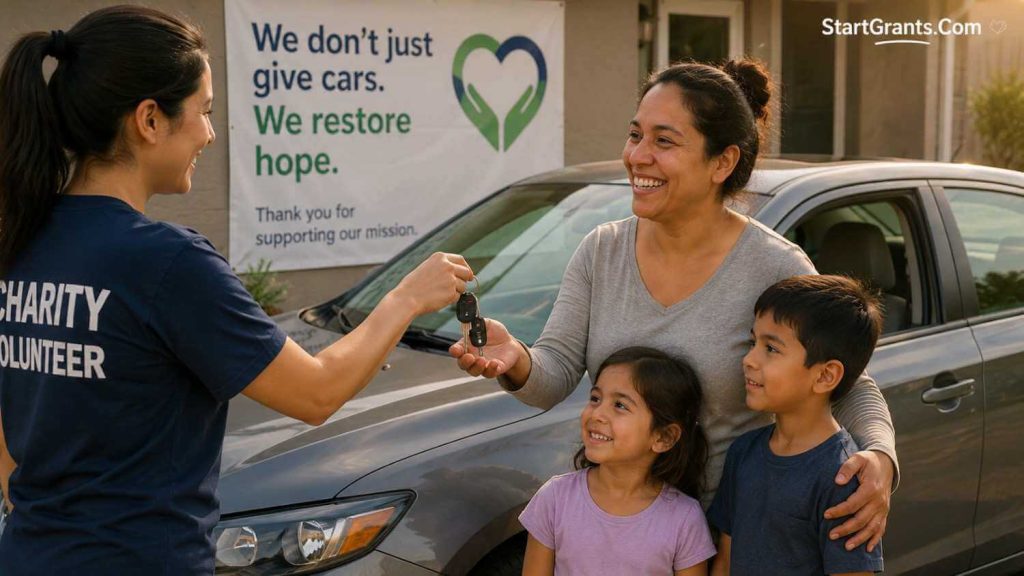 A charity volunteer handing car keys to a low-income mother.